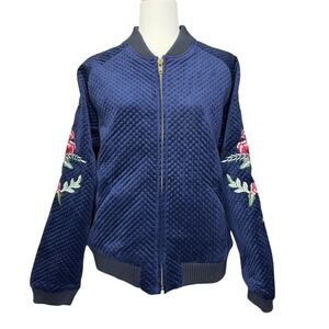 GOLDIE Quilted Velvet Bomber Jacket Floral Embroidered Navy Blue Size L